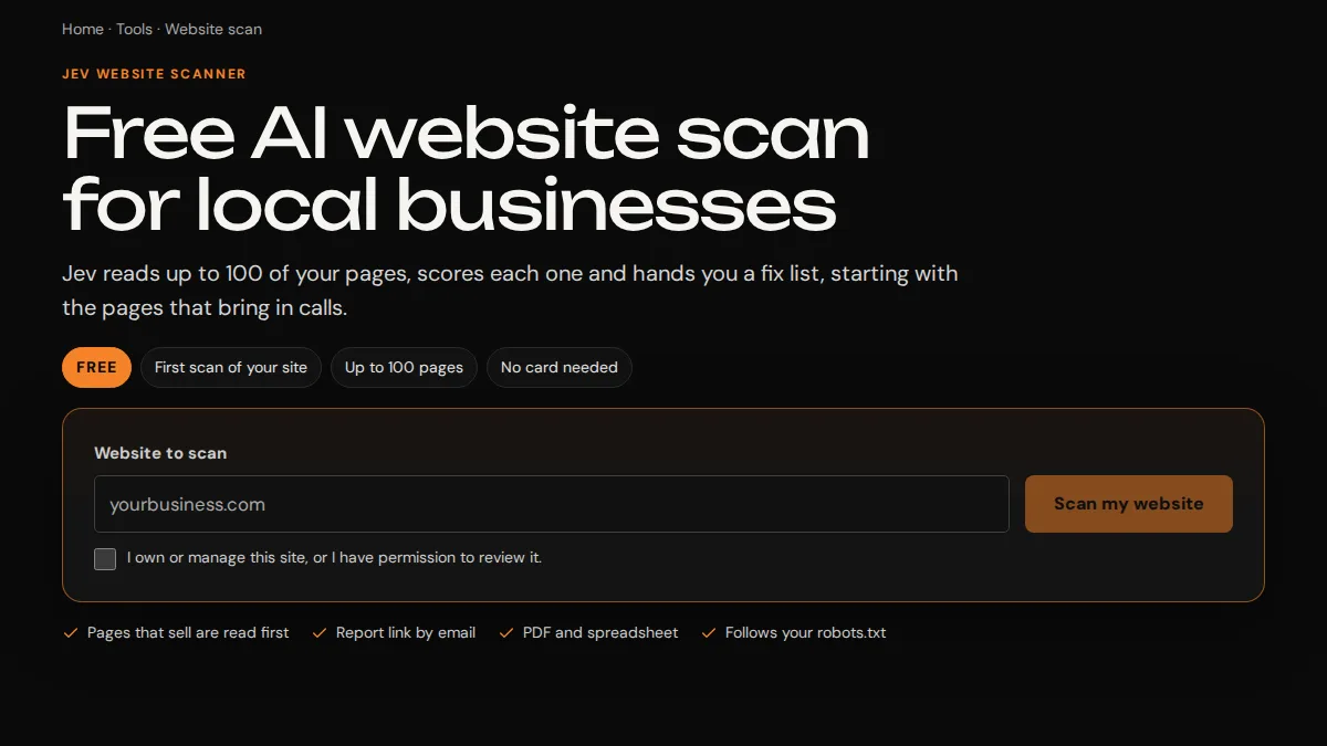 The Jev Website Scanner start screen, with a box for a website address and a Scan my website button