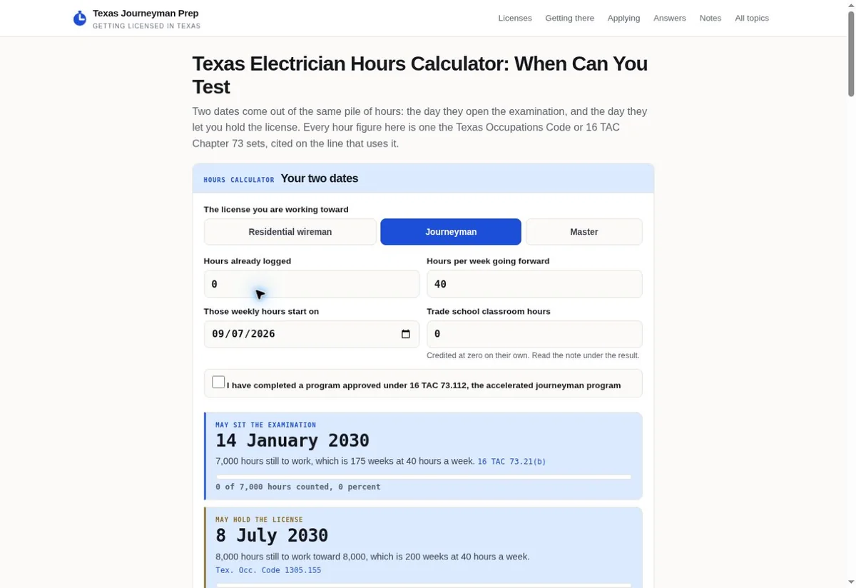 Texas Journeyman Prep hours calculator separating logged time from future weekly hours