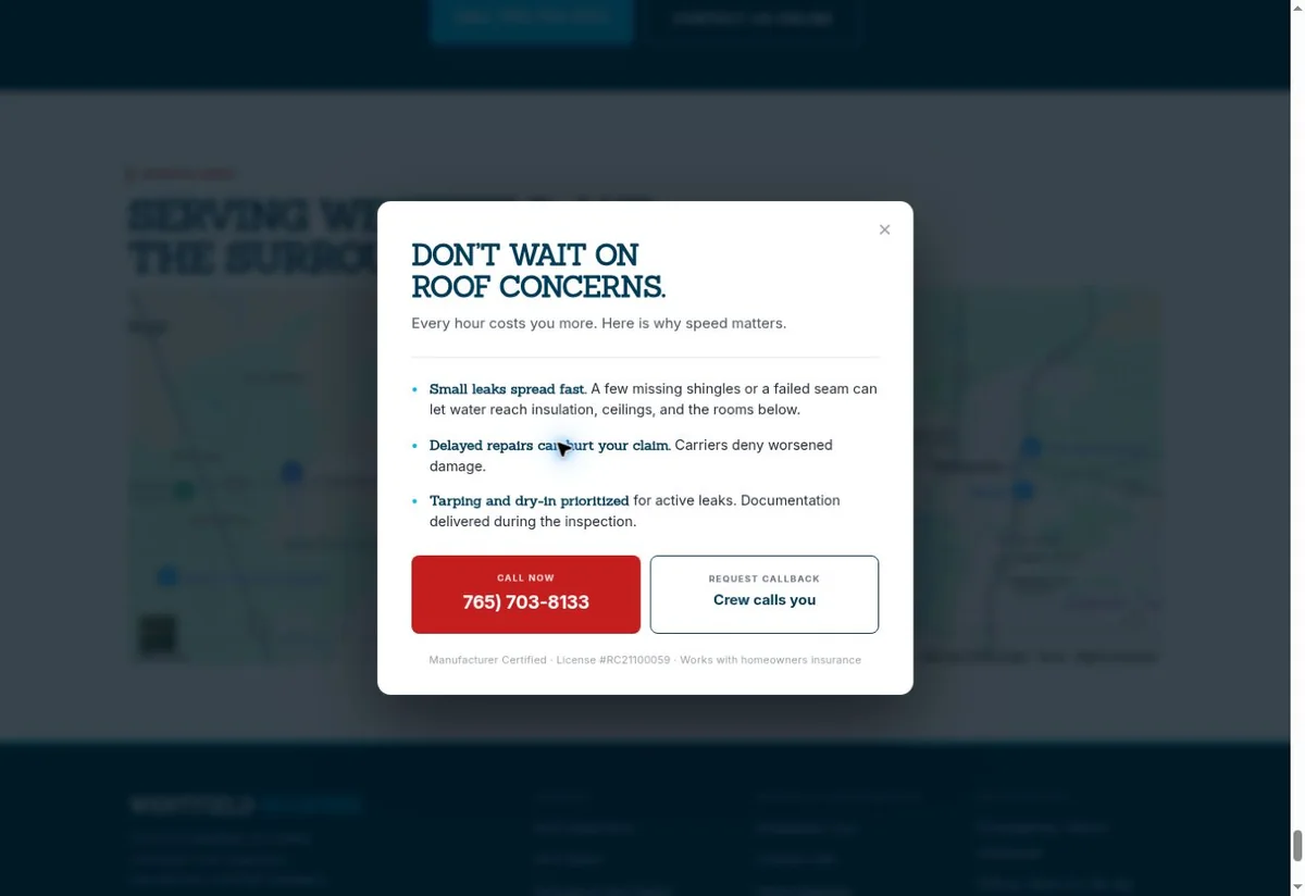 Westfield Roofer project screen offering an immediate call or an office-reviewed callback