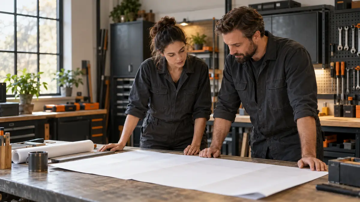 Two people at a workshop bench going over large sheets of paper together