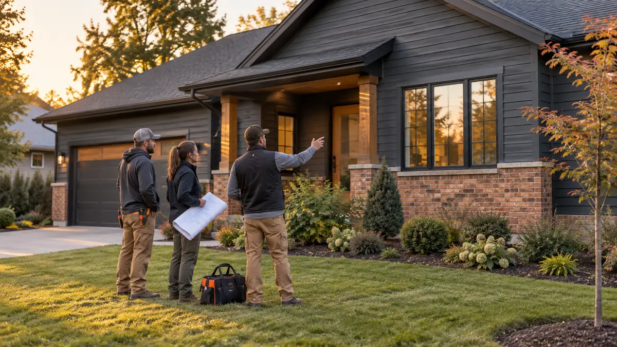 Contractor talking with homeowners outside a house
