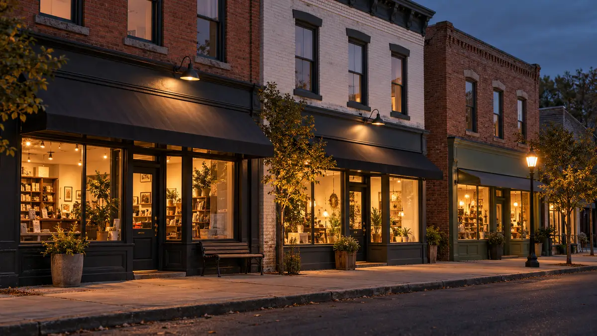Illustrative neighborhood business scene.