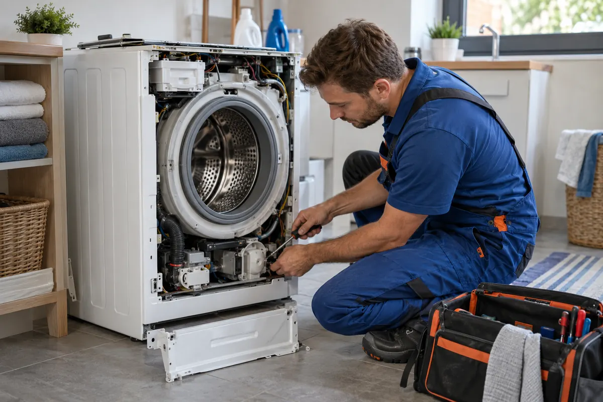 An appliance technician repairs an opened washing machine in a home laundry room.