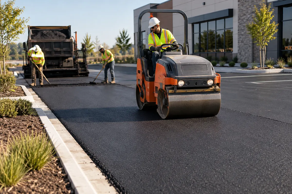 Paving crew compacting fresh asphalt with a small roller