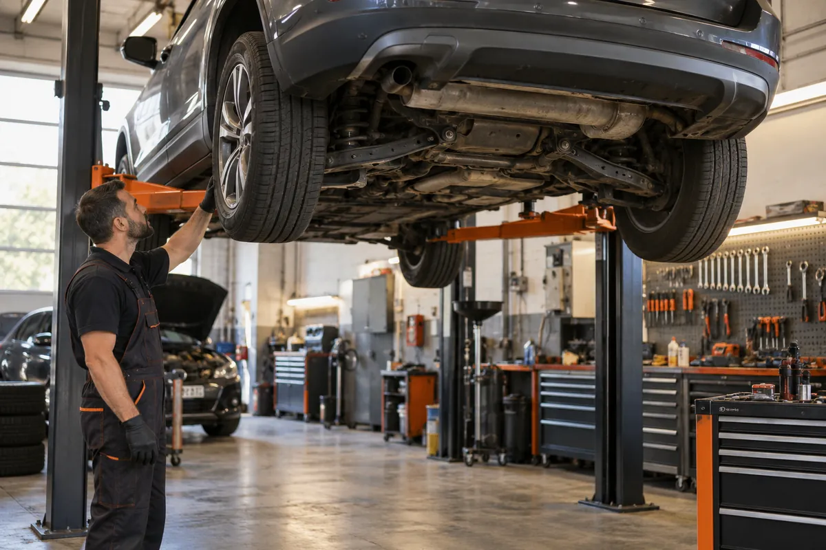 Illustrative business scene: mechanic inspecting a car raised on a workshop lift
