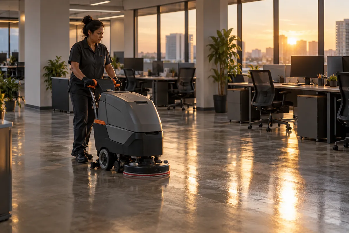 Illustrative business scene: cleaner operating a floor machine in an empty office