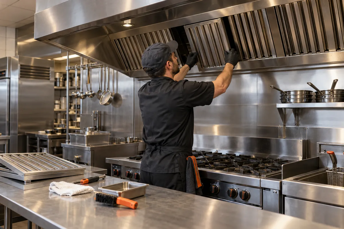 Illustrative business scene: technician servicing filters in a stainless restaurant extraction hood