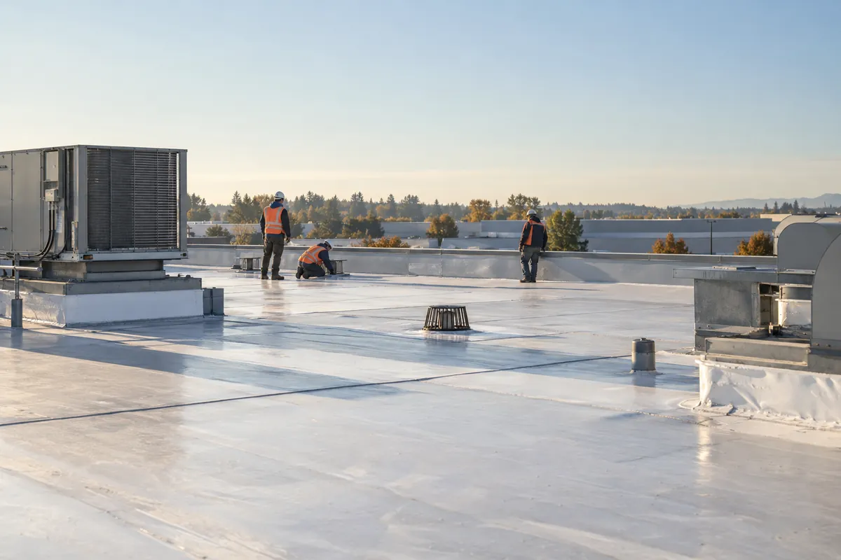 Illustrative business scene: commercial roof with rooftop equipment, illustrating roofing contractor lead generation