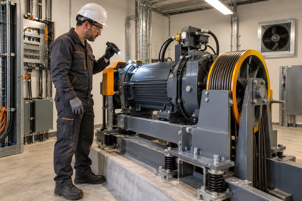 Technician inspecting stationary elevator machinery