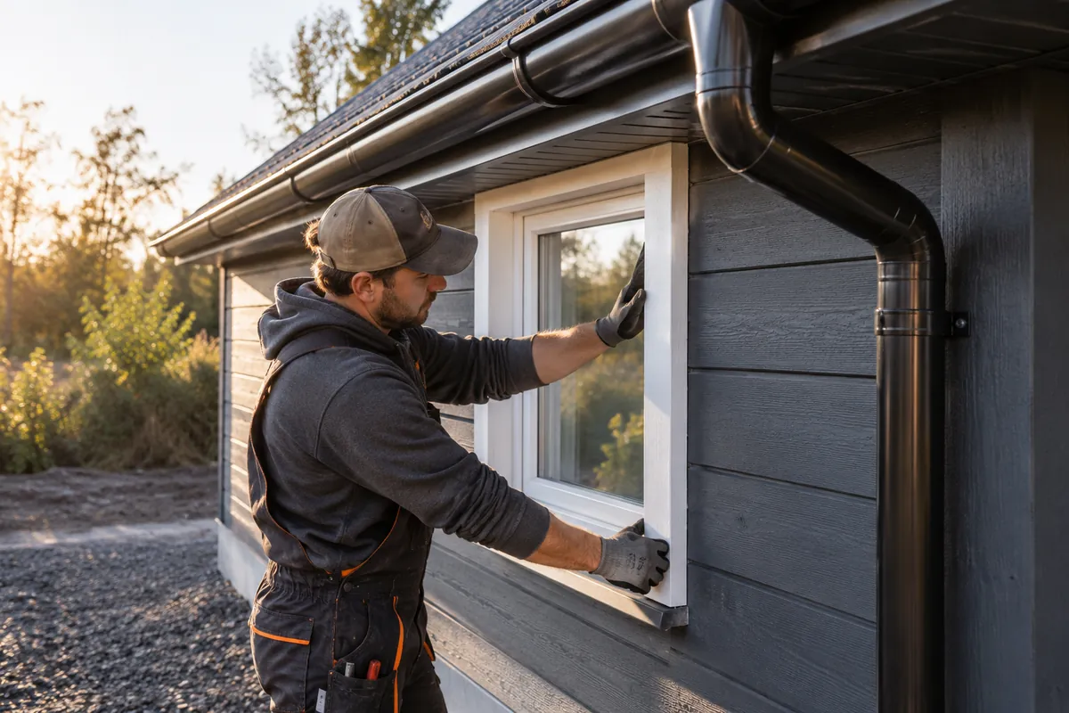 Illustrative business scene: contractor fitting a window frame beneath exterior gutters