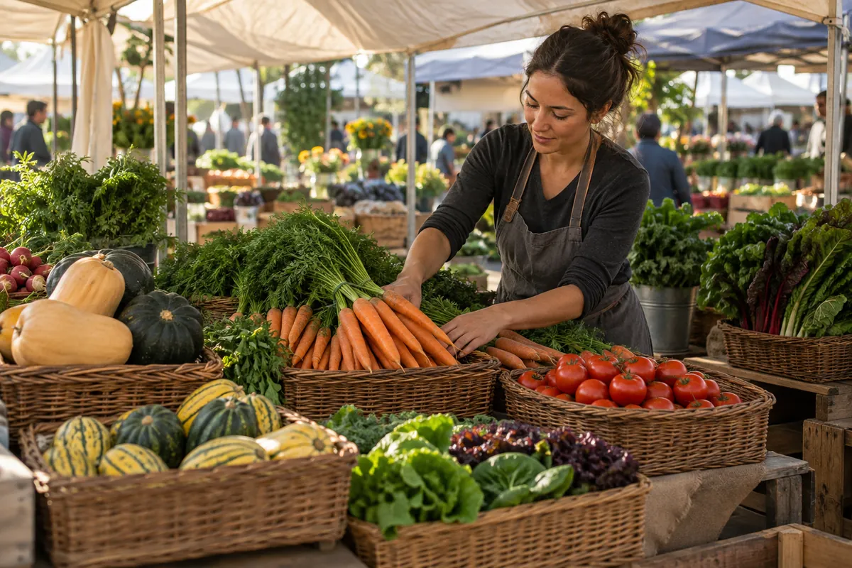 Illustrative business scene: market vendor arranging fresh vegetables in produce baskets