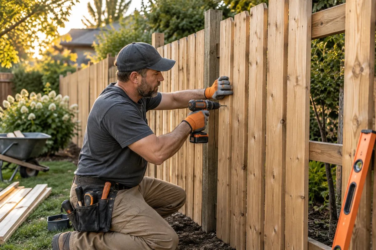 Contractor fitting timber boards to a garden fence