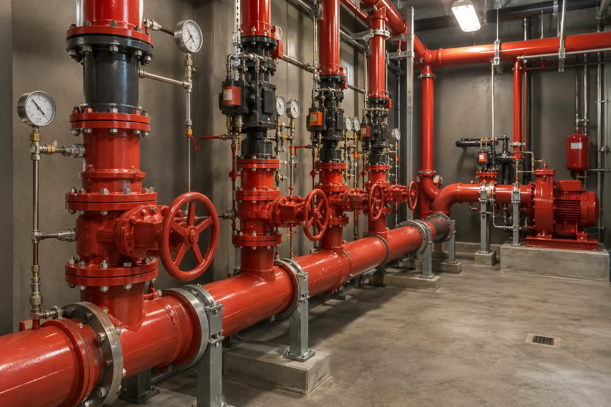 Red sprinkler risers, valves and pressure gauges in a service room