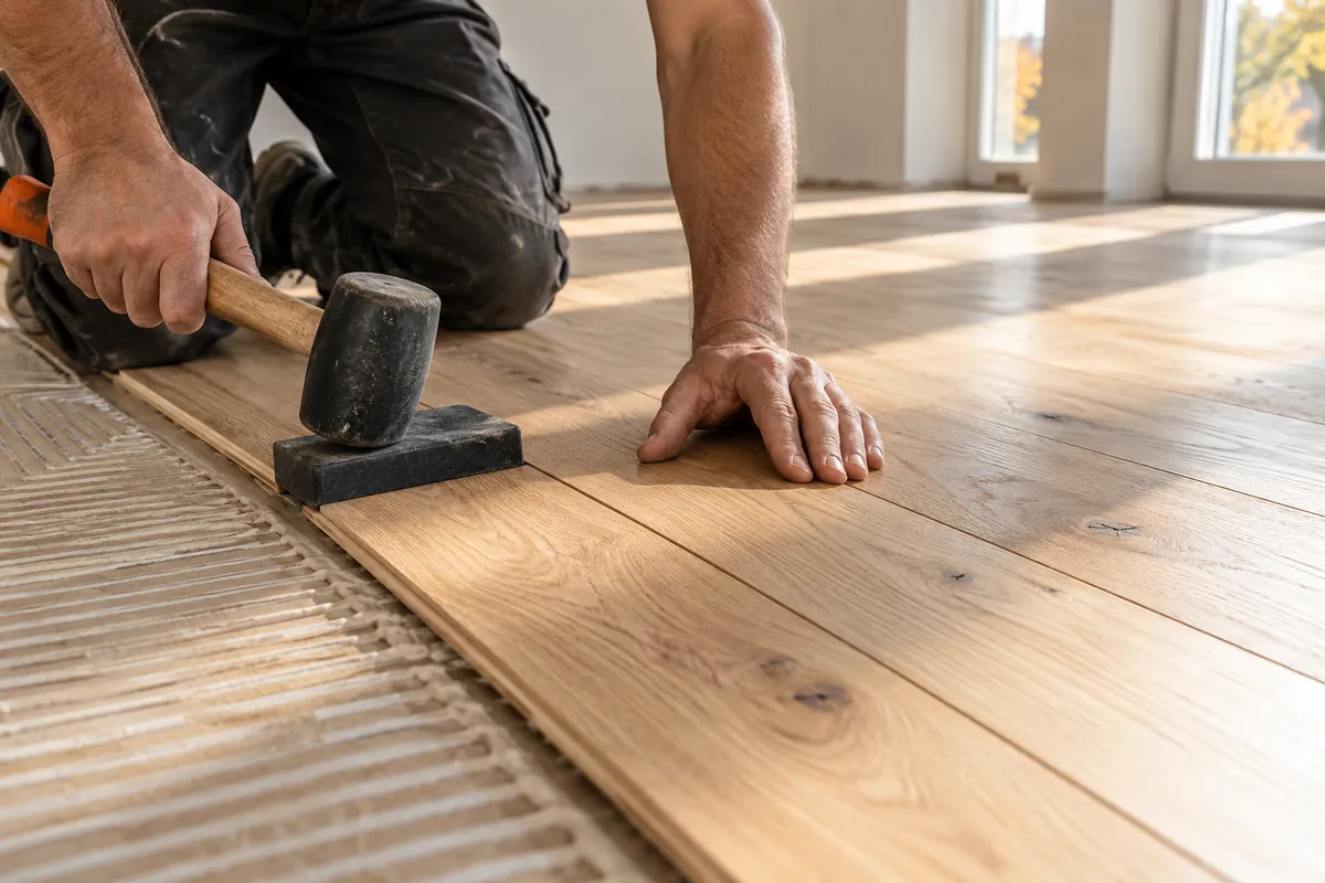 Illustrative business scene: craftsperson fitting oak planks into a new wood floor