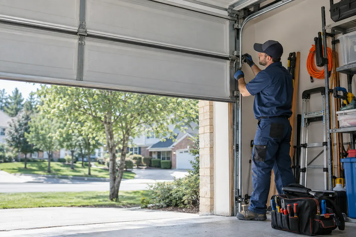 A technician adjusts the side track of a residential garage door.