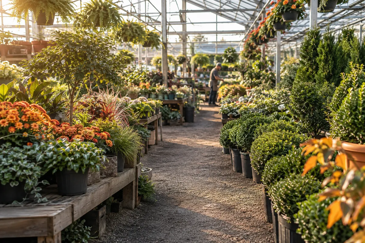 Plant nursery aisle lined with potted shrubs and flowering plants