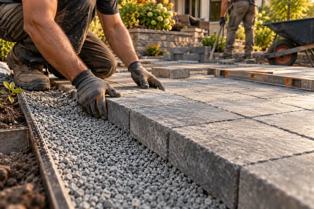 Landscaper positioning stone pavers on a prepared patio base
