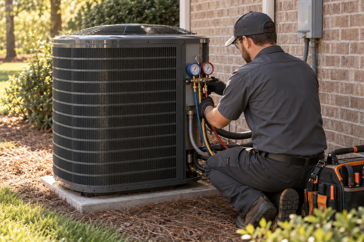 Illustrative business scene: illustration of heating and cooling equipment representing marketing for HVAC contractors