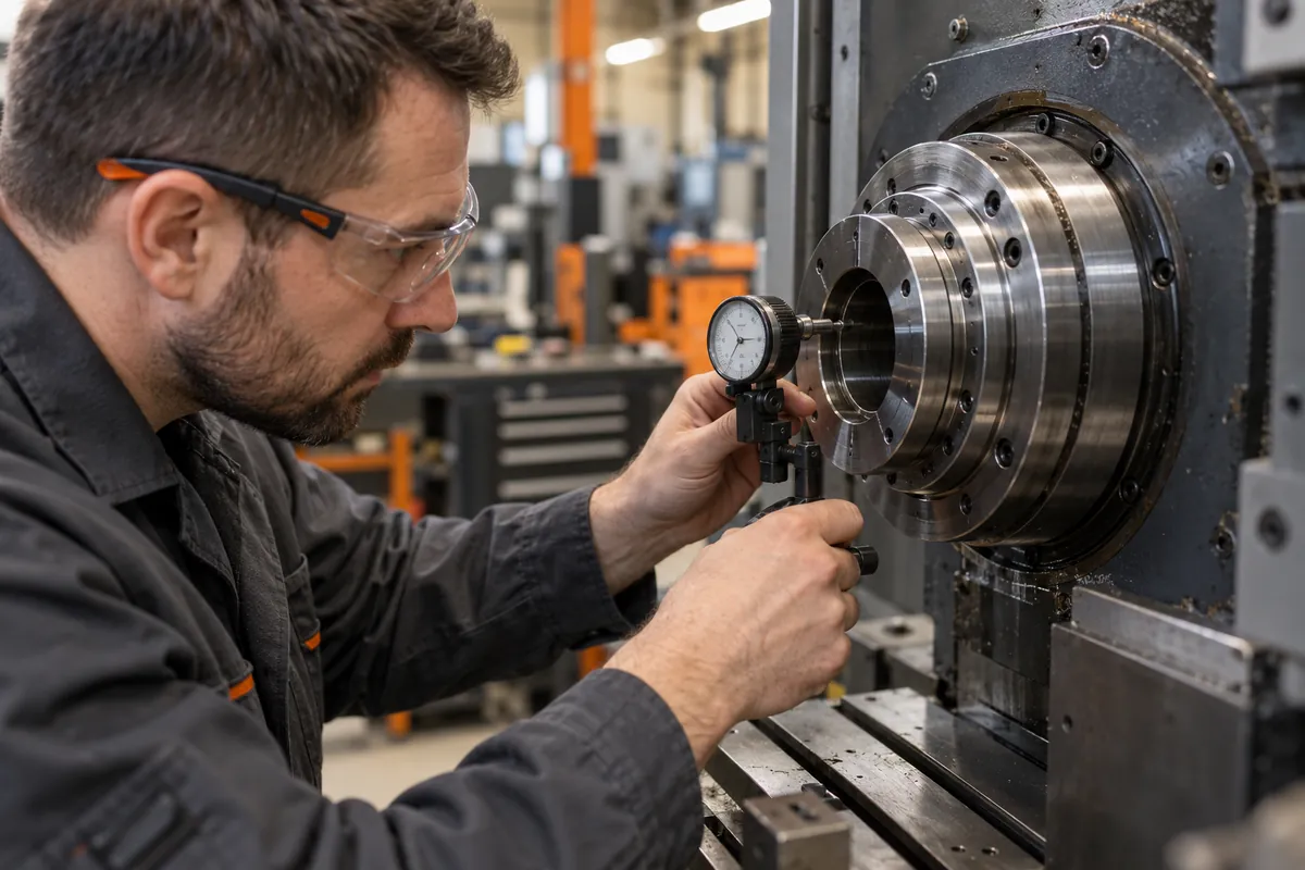 Technician checking a factory machine spindle with a measuring gauge