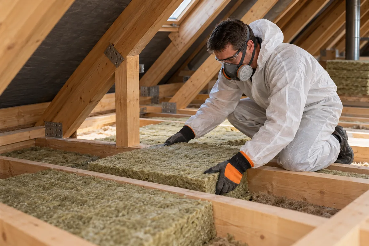 Installer wearing protective equipment while fitting attic insulation