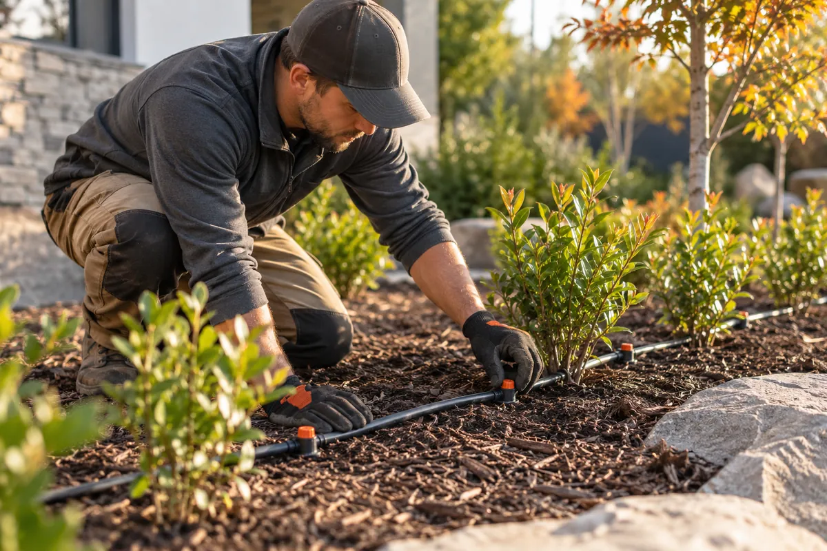 Technician checking drip irrigation tubing beside garden shrubs