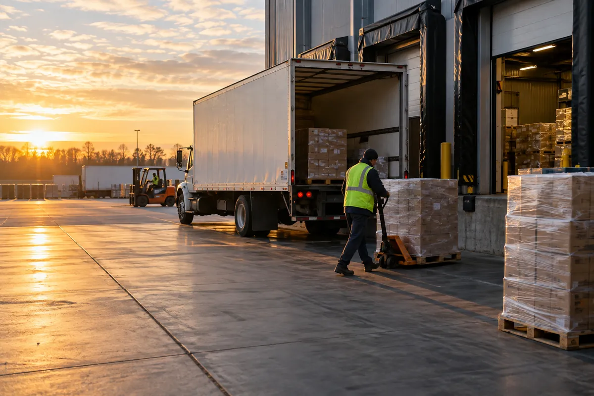 Illustrative business scene: warehouse loading dock with a truck and pallet handling