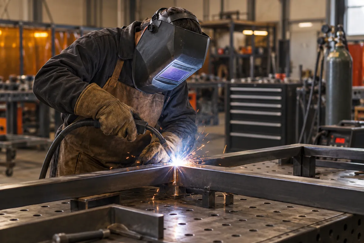 Illustrative business scene: welder wearing protective equipment while fabricating a steel frame