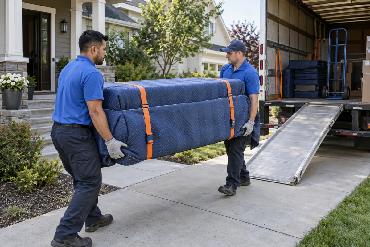 Two movers carry a sofa wrapped in moving blankets toward a truck.