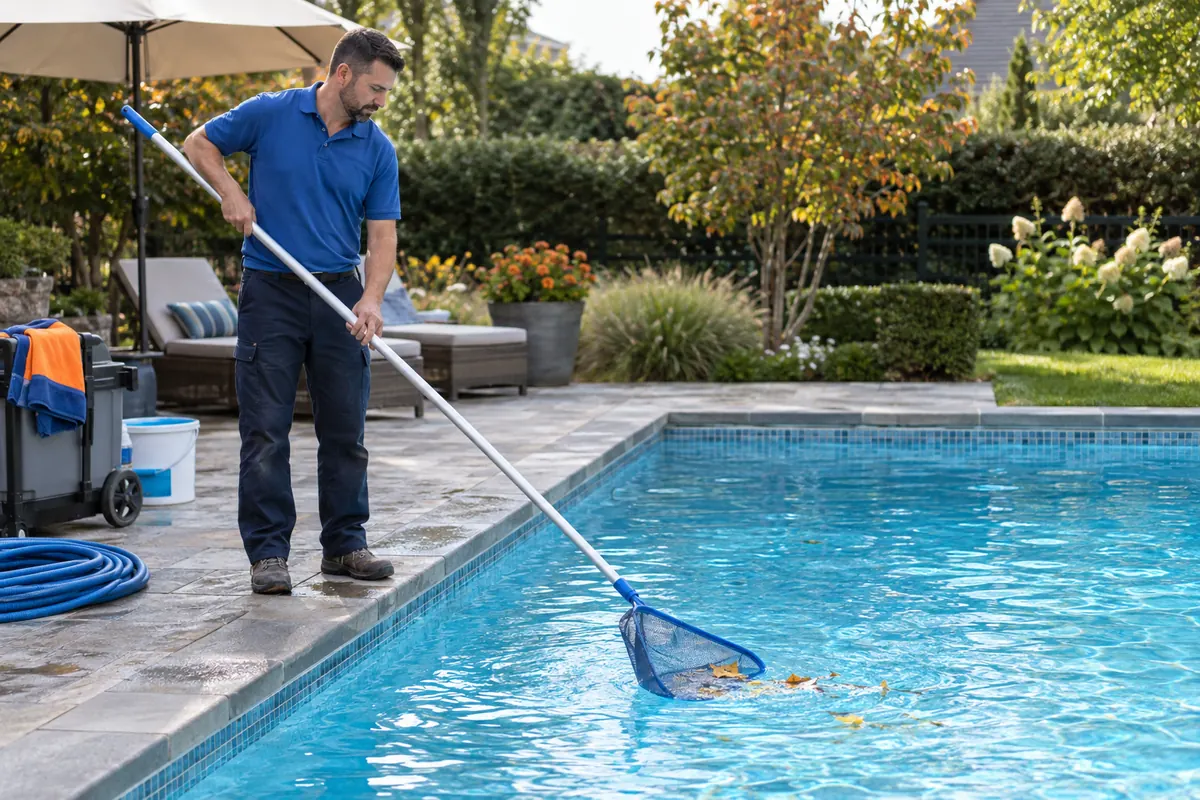 A pool technician uses a skimmer net to remove leaves from an outdoor pool.