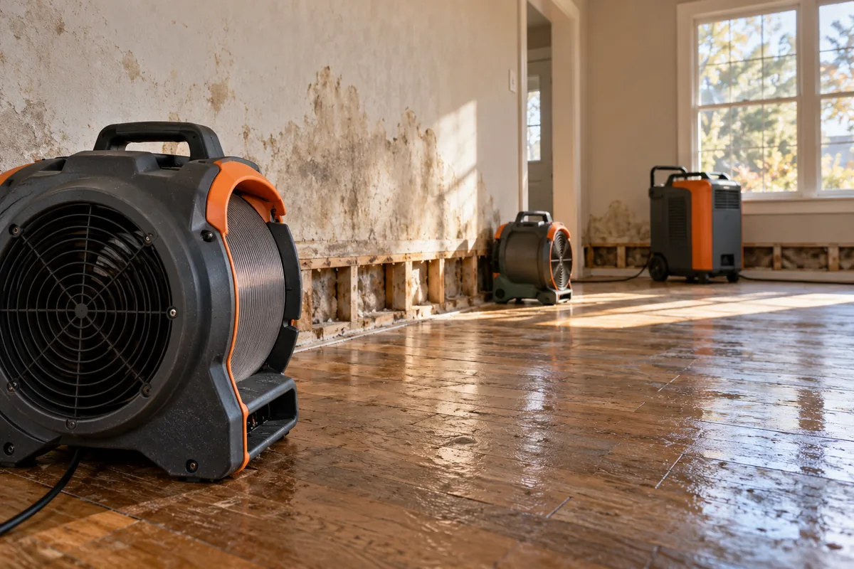 Illustrative professional water restoration equipment in a property interior.