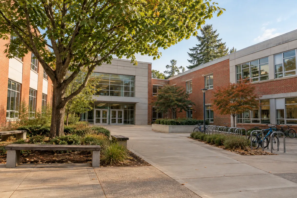 A tree lined school courtyard with brick classroom buildings and bicycle racks.