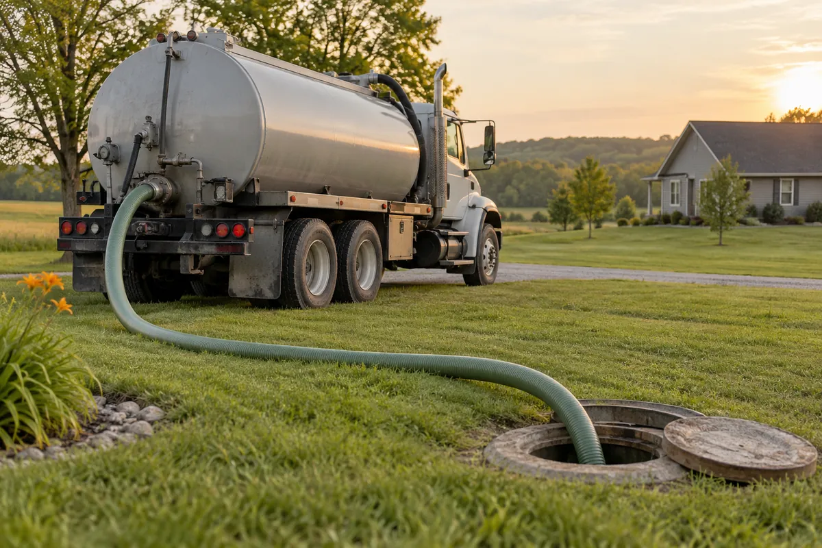 Septic pump truck with a hose connected to a rural service access