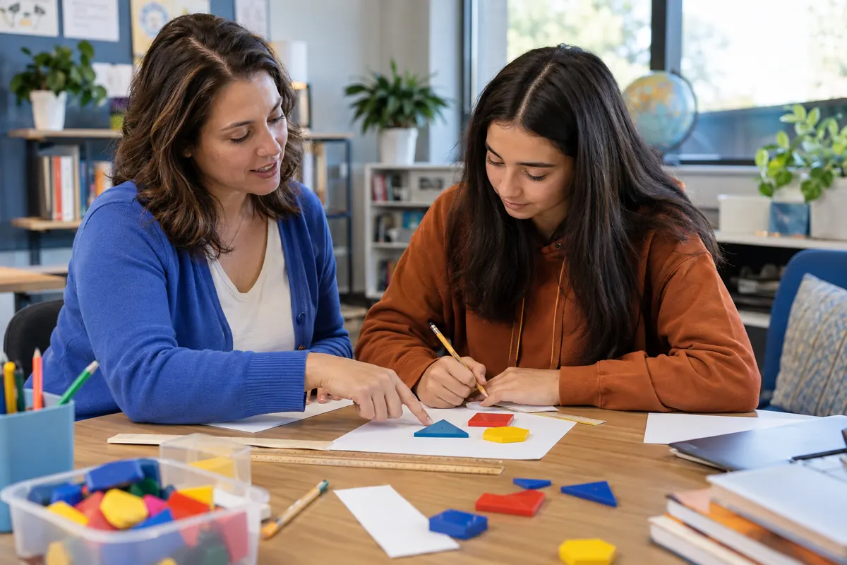 Illustrative business scene: a tutor helps a teenager with a geometry exercise at a learning center table.