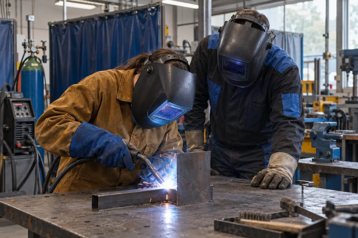 A welding trainee and instructor practice in a workshop wearing protective gear.