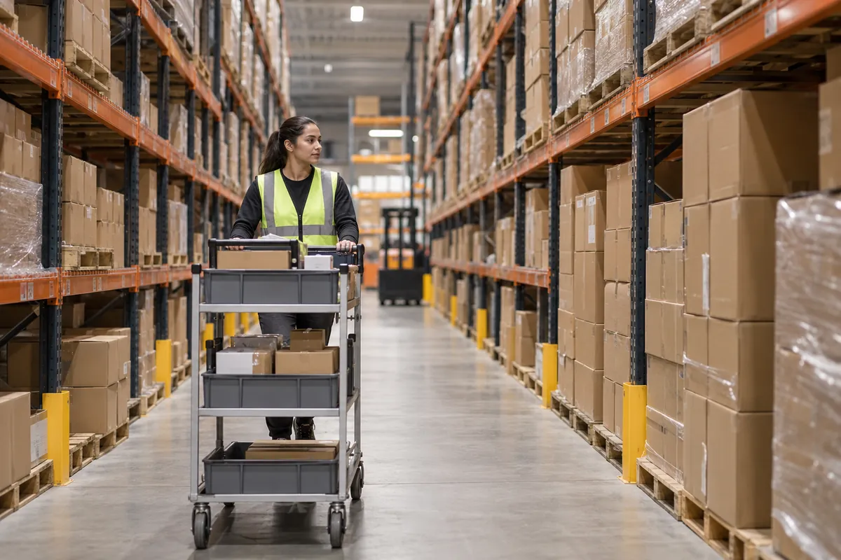 Order picker moving a cart through warehouse shelving