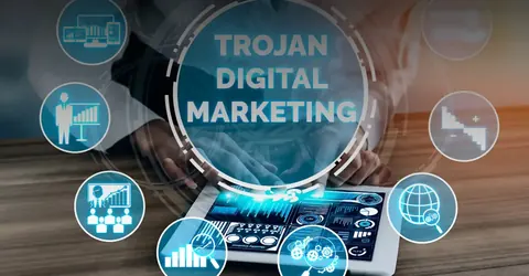Original Trojan Digital Marketing homepage artwork with blue circular service illustrations