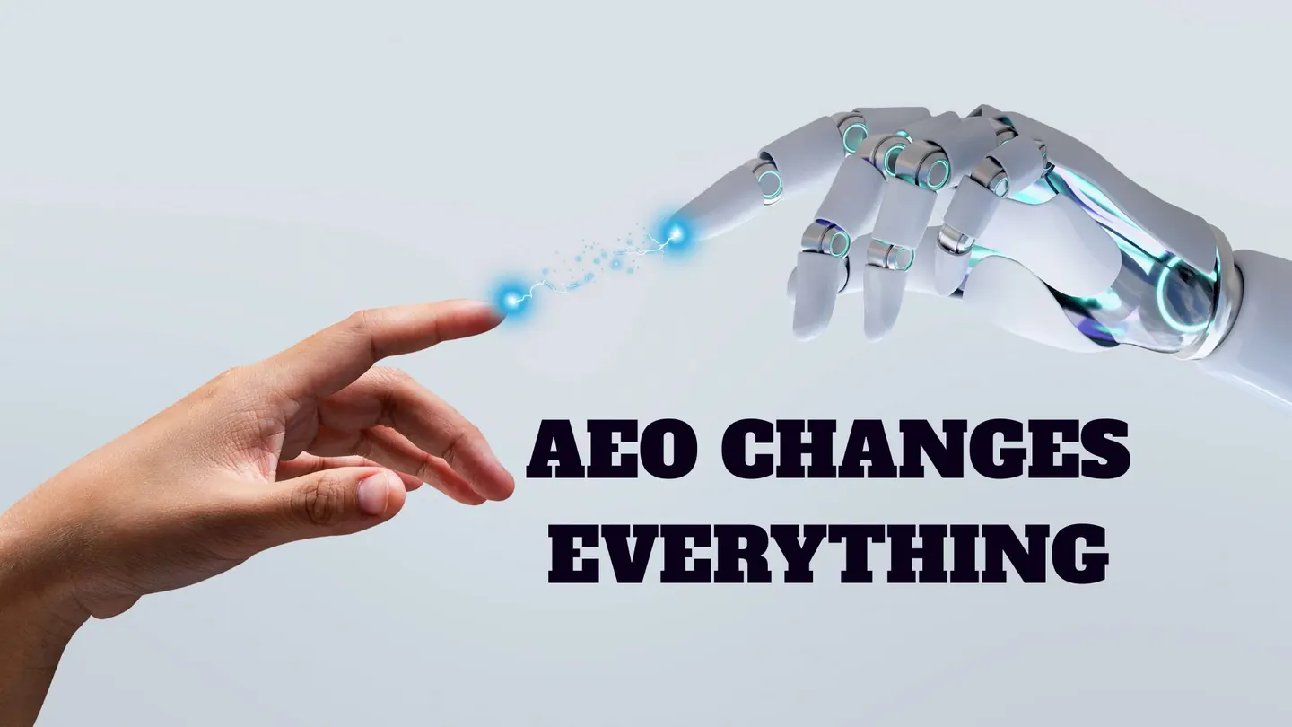 Editorial illustration of human and robotic hands with an AEO headline