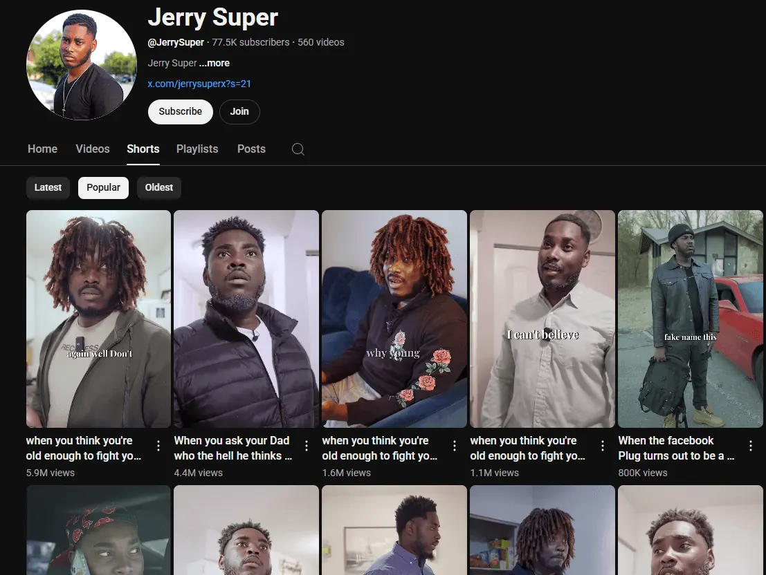 Jerry Super’s YouTube Shorts channel presentation