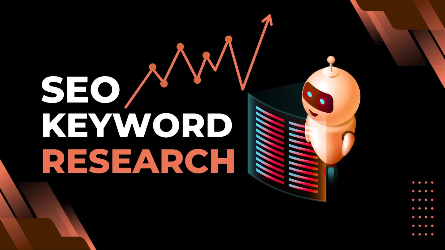 SEO keyword research illustration with a robot and an unlabeled trend line