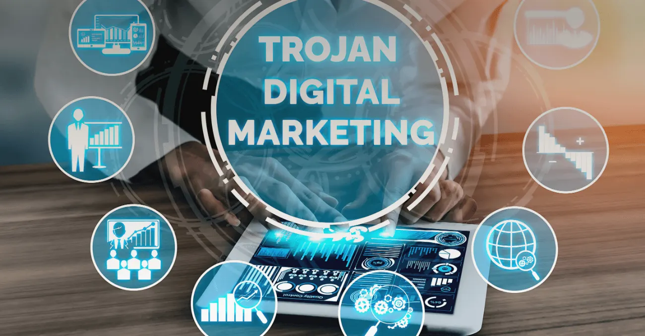 Trojan Digital Marketing graphic with website analytics and growth icons