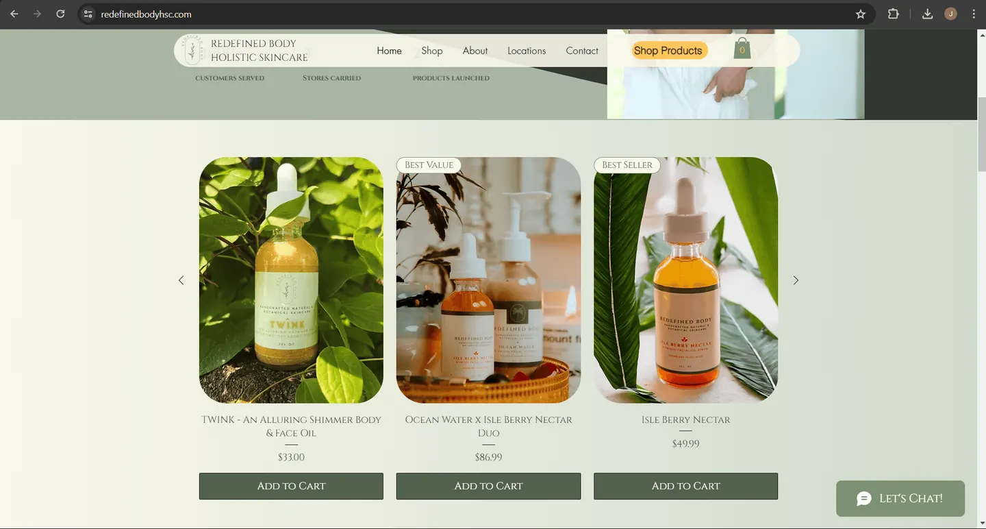 Redefined Body skincare website showing three serums with add to cart buttons